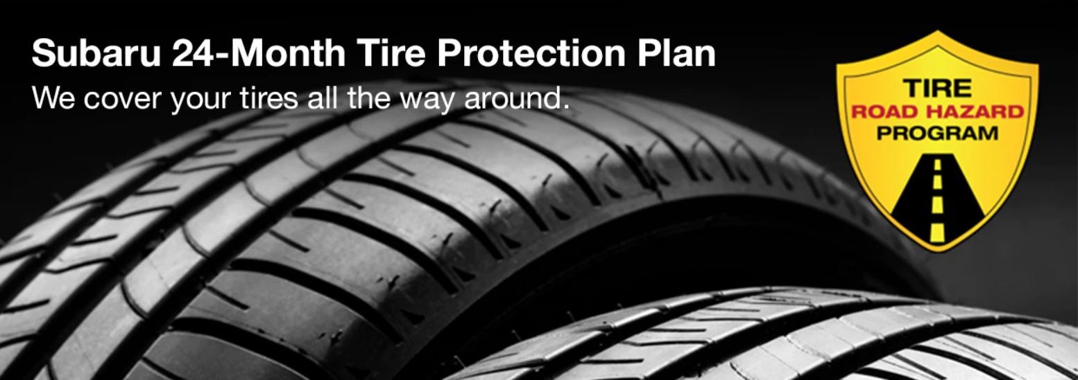 Subaru tire with 24-Month Tire Protection and road hazard program logo. | Subaru of Spartanburg in Spartanburg SC
